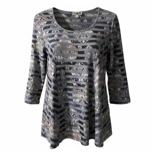 One World Tunic Top Size Small Ikat Gray Striped Scoop Neck Jersey Knit Blouse